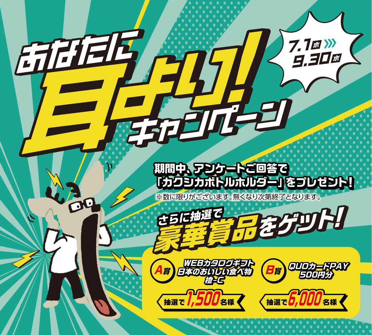 あなたに耳より！キャンペーン 7.1 水 9.30 水 期間中、アンケートご回答で「カクシカボトルホルダー」をプレゼント！※数に限りがございます。無くなり次第終了となります。さらに抽選で豪華賞品をゲット！グルメギフトカタログ 2,200名 真空二重タンブラー 2,700名 今治365毎日タオル 3,000名